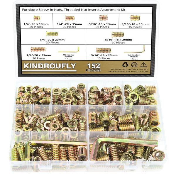 152 Pieces Threaded Inserts Assortment Kit, 1/4"-20, 5/16"-18 for Wood Furniture Screws