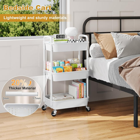WBKATN 3 Tier Rolling Cart with Wheels, White Plastic Three Tiered Roller Shelf Cart on Lockable Wheels, Small Utility