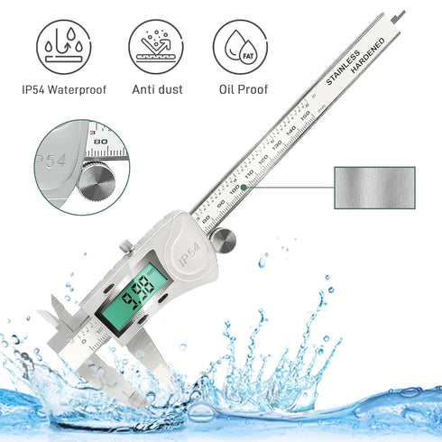 Electronic Digital Vernier Caliper, IP54 Waterproof Measuring Tool with Large LCD Screen (150mm/0-6 inch)