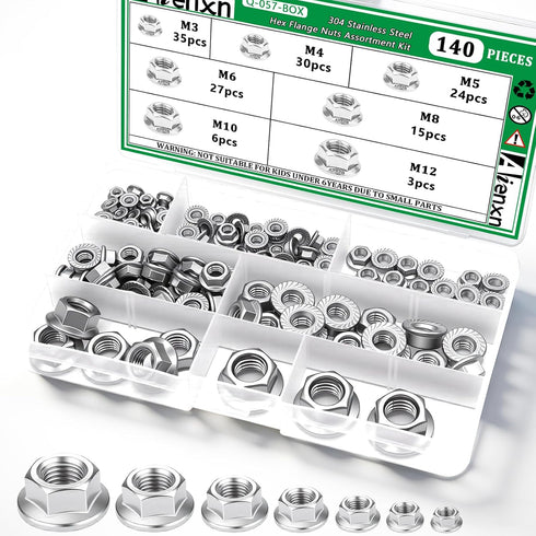 Aienxn 140PCS 7 Metric Sizes 304 Stainless Steel Hex Flange Nuts Assortment Kit