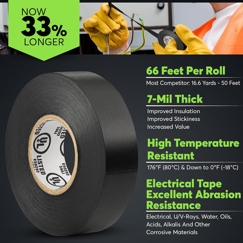 Black Electric Tape 10 Pack - 3/4 inch x 66ft PVC Electrical Insulating Tape, Waterproof, U/L Approved