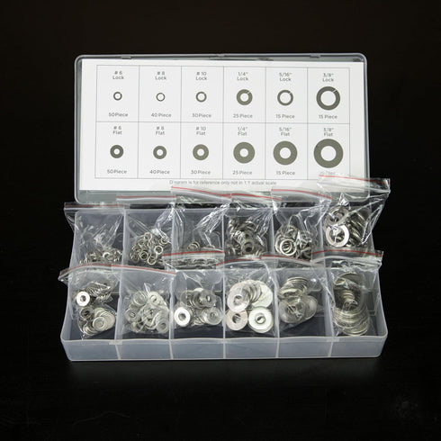 NEIKO 50400A Stainless Steel Lock and Flat Washer Assortment - 350 Piece Set, 12 Different Sizes in Spring Lock and