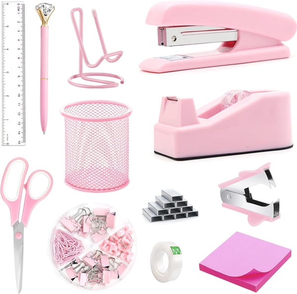 Pink Office Supplies Set, Desk Accessories Including Stapler, Tape Holder, Scissors, and 1000pcs Staples
