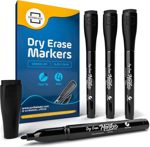 Scribbledo 4 Pack Dry Erase Markers, Fine Tip Black Color Low Odor Whiteboard Markers with Eraser Cap