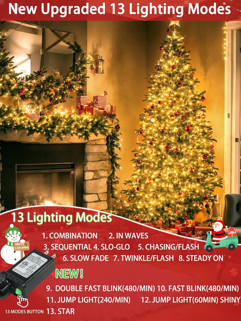 2-Pack 66FT 200 13 LED Christmas Lights, Modes Extendable Christmas Tree Lights with Timer & Memory, Waterproof Twinkle