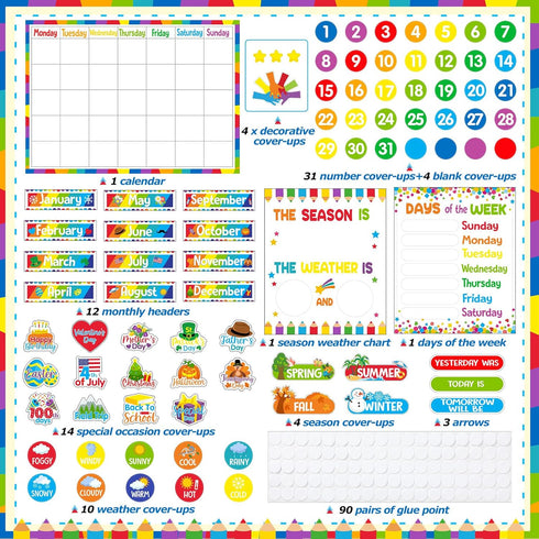 Tenare Calendar Bulletin Board Set, Seasons Weather Chart Display with Stickers for School Classroom Bedroom Decoration