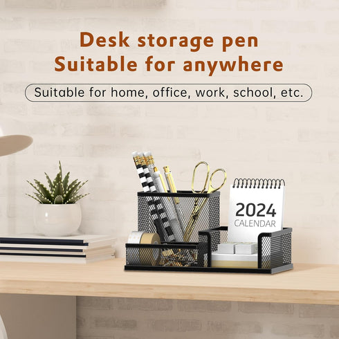 SUPEASY Mesh Pen Holder Desk Organizer, Office Supplies Storage with 3 Compartments for Home School