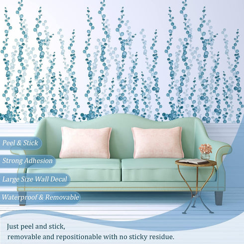 Blue Hanging String of Pearls Succulents Vine Wall Decals Peel and Stick, Large Plants Leaf Vinyl Wall Stickers