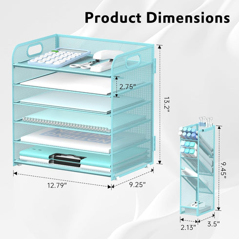 SUPEASY 6 Tier Paper Organizer with 4 Pen Holders, Mesh Desk Organizer Letter Tray with Handle, Blue