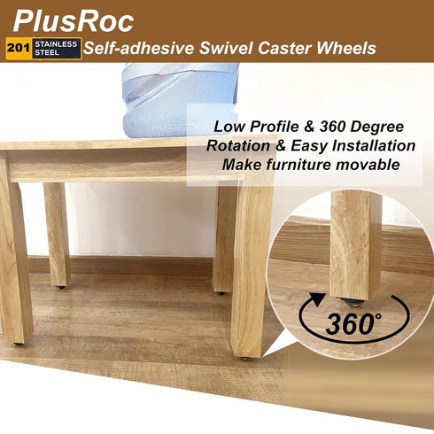 PlusRoc 4 Pack Stainless Steel Self Adhesive Caster Wheels for Mop Bucket, 28LBS Load Capacity Per Wheel