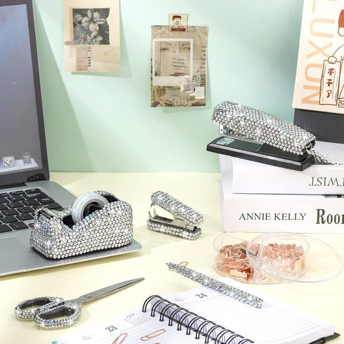 Demissle 6 Pcs Bling Office Desk Accessories Set, Crystal School Stationery Kit with Scissor, Stapler, Tape Dispenser,