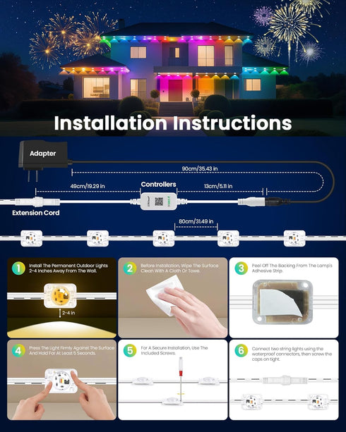 50FT 24V 221 IP68 (50FT) KISUFU Permanent Outdoor Lights for House, RGB+IC Smart Outside Lights with Modes, App