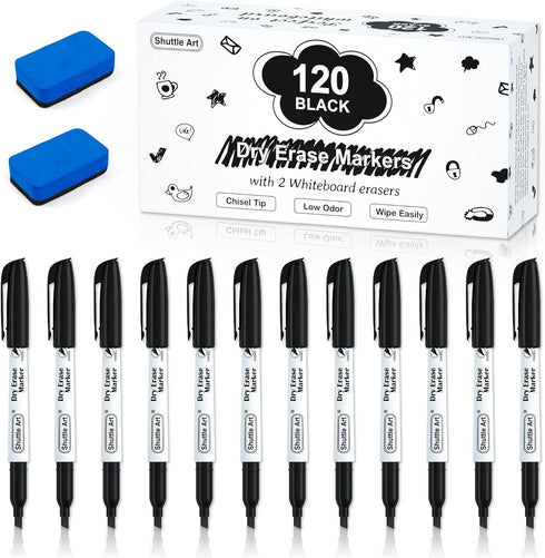 Shuttle Art Dry Erase Markers, 120 Pack Black Whiteboard Markers with 2 Erasers, Chisel Tip for Writing on Whiteboards