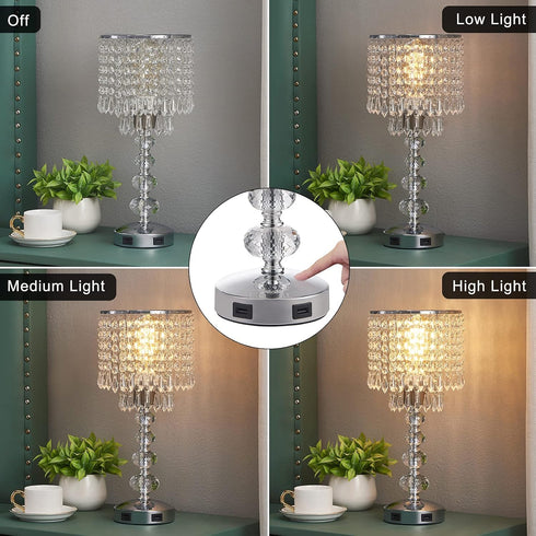 3 Dimmable Acaxin Crystal Table Lamps for Bedroom Nightstand - Touch Bedside Lamps with Two USB Charging Ports Silver