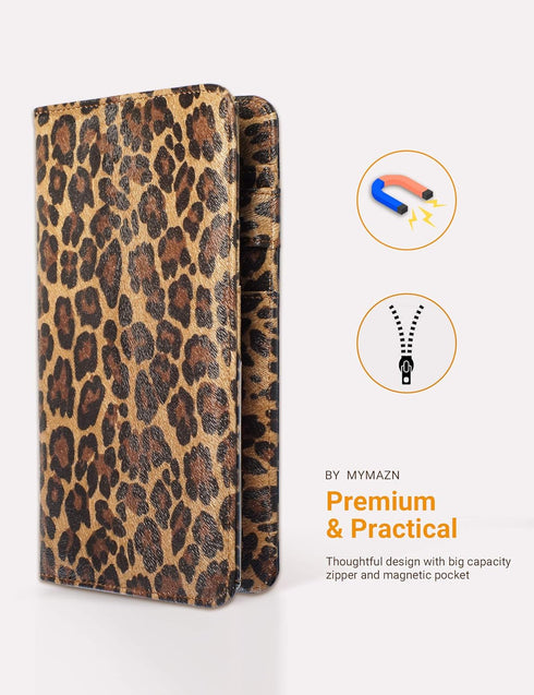 Server Book for Waitress - 5x9 Leopard Magnetic Closure Wallet with Zipper Pocket and Money Pouch