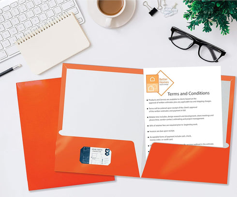 Better Office Products 2 Pocket Glossy Laminated Paper Folders, Letter Size, Orange Paper Portfolios, Box of 25 Orange