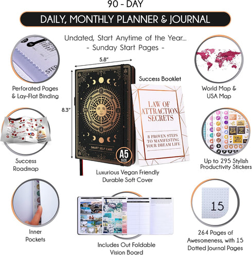 5 90-Day Self Care Journal - Minute Mental Health & Manifestation Journal | Undated Daily Planner for Positivity