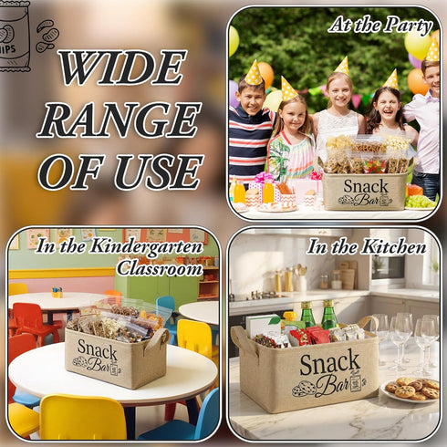 Snack Bar Organizer Basket, Burlap Fabric Snack Storage Holder with Waterproof Lining & Handles, Collapsible Bar