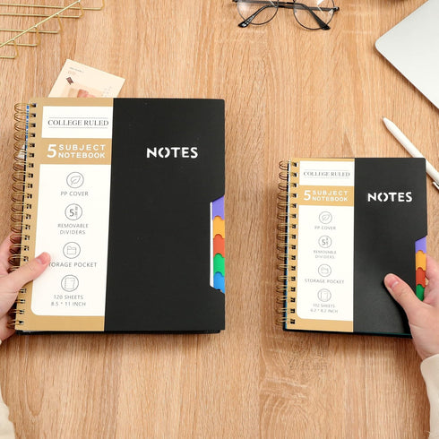 CAGIE 5 Subject College Ruled Notebook, 8.5'' x 11'' Hardcover with 5 Removable Colored Dividers, 240 Pages