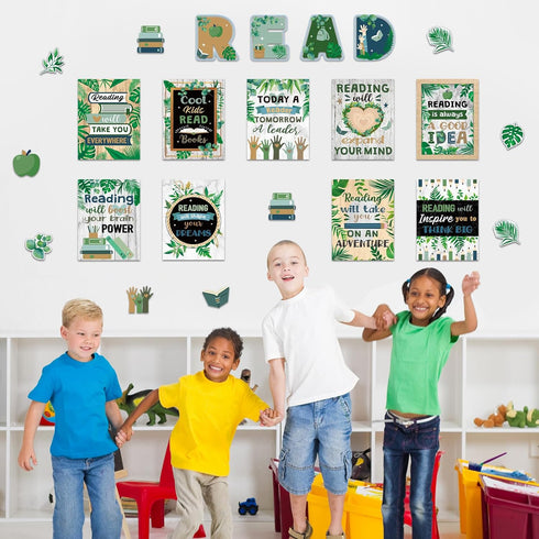 Zonon 45 PCS Eucalyptus Reading Bulletin Board Poster, Boho Greenery Motivational Prints for Teachers