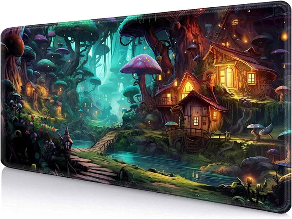 IMAYONDIA Mushroom Anime Desk Mat (35.4x15.7 in), Fairy Forest Large Gaming Mouse Pad