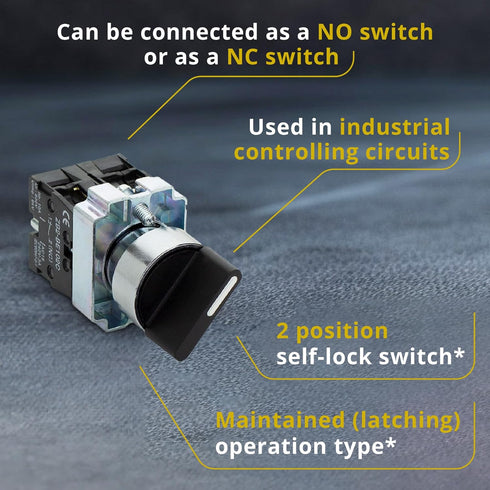 Rotary Switch - 2-Position Selector Switch Maintained, 22mm Mounting Hole, Electric NO NC Latching Switch, 220VAC