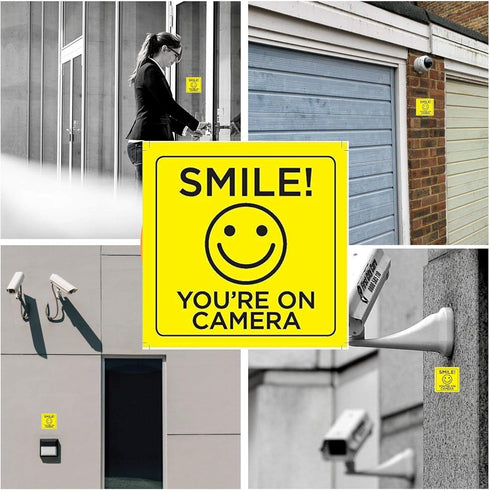 Smile You're on Camera Sticker, 6x6 Inch, 4 Pack, Durable Black and Yellow, Self-Adhesive