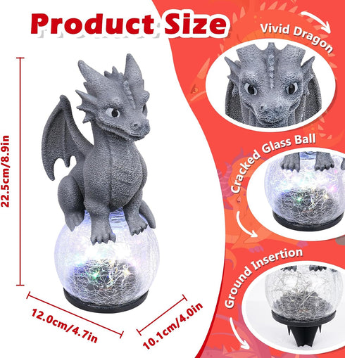Dragon Garden Statue with Solar Crackle Glass Ball - Gothic Outdoor Decor for Patio & Yard - Mystical Dragon Guardian