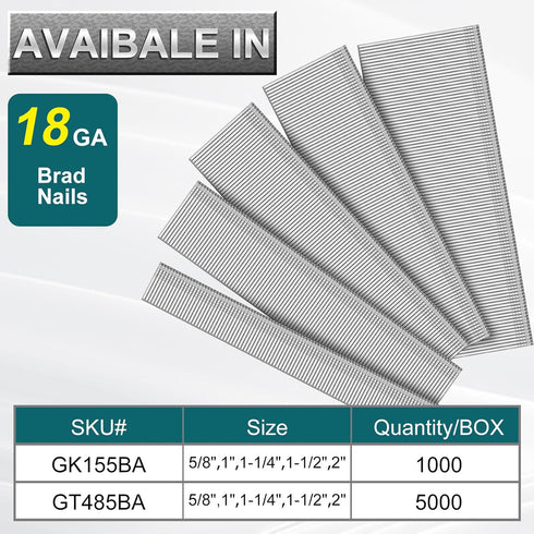 Toicann 18 Gauge Galvanized Brad Nails (2", 1-1/2", 1-1/4", 1", 5/8") 18 GA Universal Nail Gun Nails (1000)