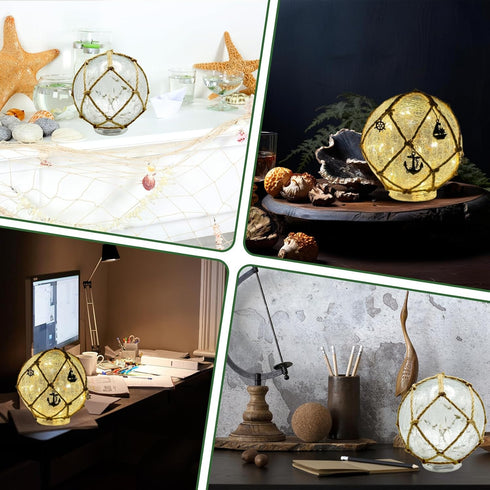 Quasynel 2PCS 6inch Glass Fishing Night Lights - Cracked Glass Ball Nautical Lamp with Decorative Pendants Battery