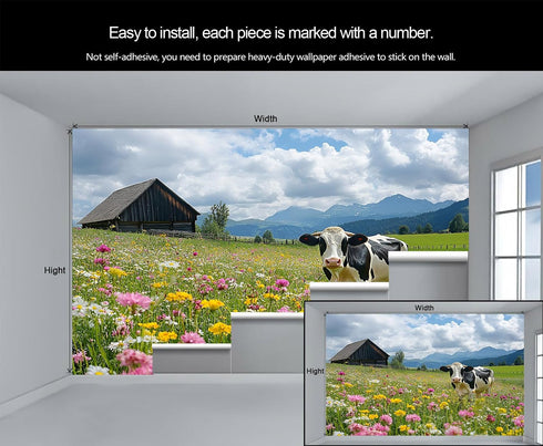 DUPIELU 78.7" 55.1" Dairy Cows Wallpaper, Western Farms Mural, Floral Animals Mural Wallpaper for Living Room Bedroom
