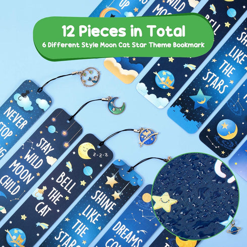 Zonon 12 Pcs Space Bookmarks with Metal Charms, Cat Moon Star Celestial Bookmarks for Children, Inspirational Quotes