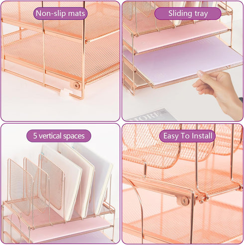 Desk Organizers and Accessories, 3-Tier Paper Organizer with 5 Vertical File Holders, Rose Gold, Desk Accessories