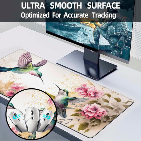 Desk Mat, Pink Flowers and Colibri Birds, XXL Extended Large Gaming Mouse Pad, Non-Slip Rubber Base, 35.4"X15.7"