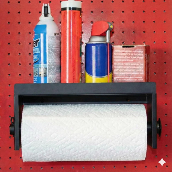 Pegboard Paper Towel Holder with Shelf, MADD Tools Black Pegboard Accessories Tool