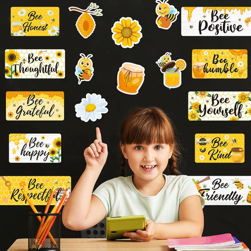 Whaline 26Pcs Bee Motivational Bulletin Board - Inspirational Bumble Bee Cutouts for School Wall Art Decor