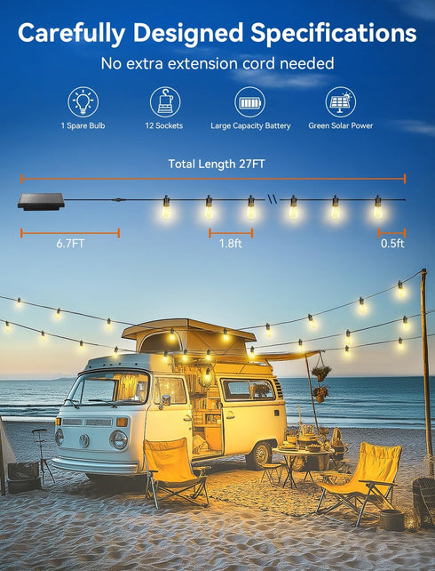 27FT Commercial 12+1 Bulbs 3 Dimmable Brightever Solar Powered Outdoor String Lights with Remote, Grade Waterproof