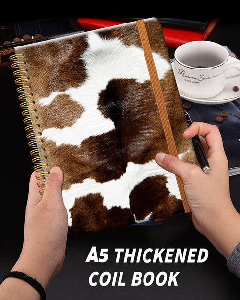 Ruled Spiral Writing Notebook,A5 Hardcover Lined College Journal for Women Lady Girl,Farmer Cowhide Design Strong Twin-Wire Binding with Premium Paper,8.4" X 6",Perfect for School,Office,Home by ZHIZHEND
