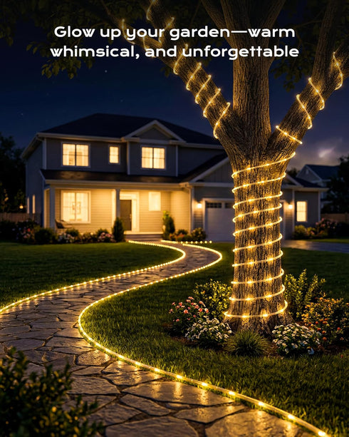 2 Pack 78FT 200LED IP65 8 Brightown Solar Rope Lights, Total Warm White Solar String Lights Outdoor, Waterproof Solar