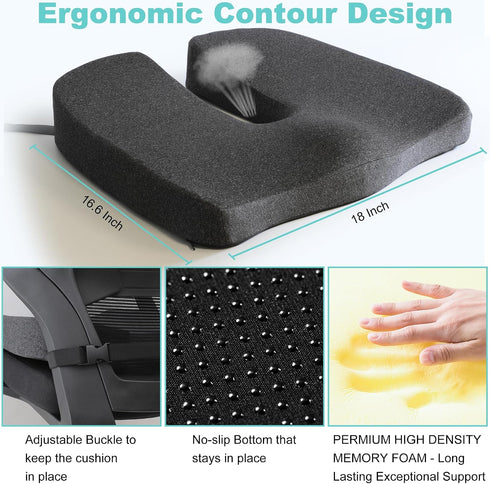 HxLmn Chair,10-Inch U-Cutout,18"x16"x3",Coccyx,Sciatica Larger Seat Cushion for Office Extended Pain Relief