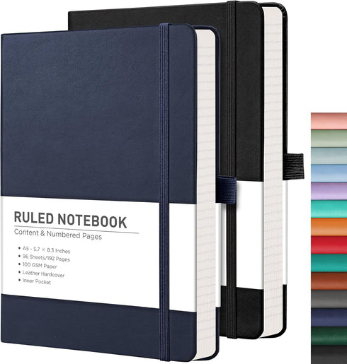 RETTACY Journaling Notebooks 2-Pack, A5 Notebooks, College Ruled, 192 Numbered Pages, Black & Blue