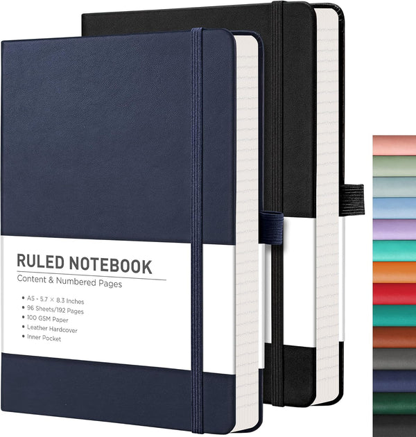 RETTACY Journaling Notebooks 2-Pack, A5 Notebooks, College Ruled, 192 Numbered Pages, Black & Blue