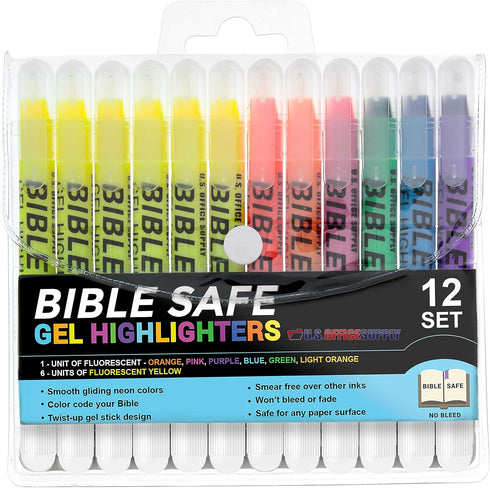 U.S. Office Supply Bible Safe Gel Highlighters, Pack of 12, 6 Neon Yellow and 6 Colors, Won't Bleed or Fade, Study Guide