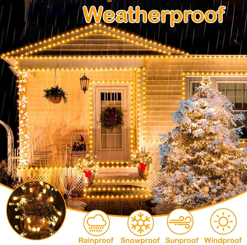 300LED 105FT 8 Decute Christmas String Lights Outdoor Waterproof UL Certified with End-to-End Plug Modes, Warm White