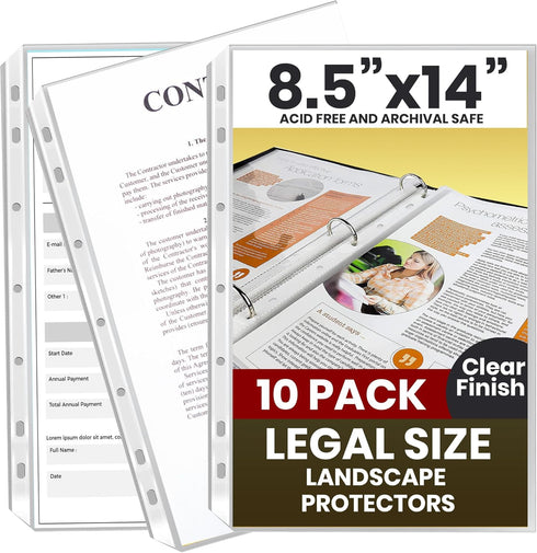 Performore 10 Pack of 8.5 x 14 Legal Size Heavyweight Clear Sheet Protectors | Plastic Legal Paper Sleeves for Binders