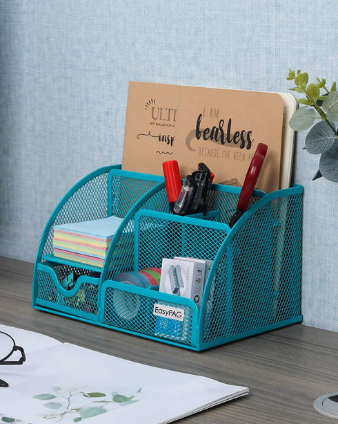 EasyPAG Desk Organizer, Blue - Mesh Desktop Caddy with 6 Compartments and 1 Drawer for Office, Home, School
