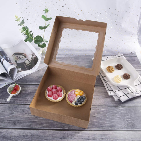 ONE MORE 10inch Natural Kraft Bakery Pie Boxes with PVC Windows, Large Cookie Box 10x10x2.5inch, 12 Pack (Brown)