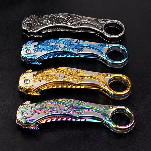 Pocket Knife for Men, Cool Folding Knife with 3D Dragon Relief, Great EDC Gift for Outdoor Survival Camping