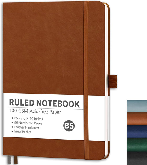 RETTACY Notebook Journal - B5 College Ruled with 96 Numbered Pages, 100 GSM Acid-Free Paper, Leather Hardcover, Inner