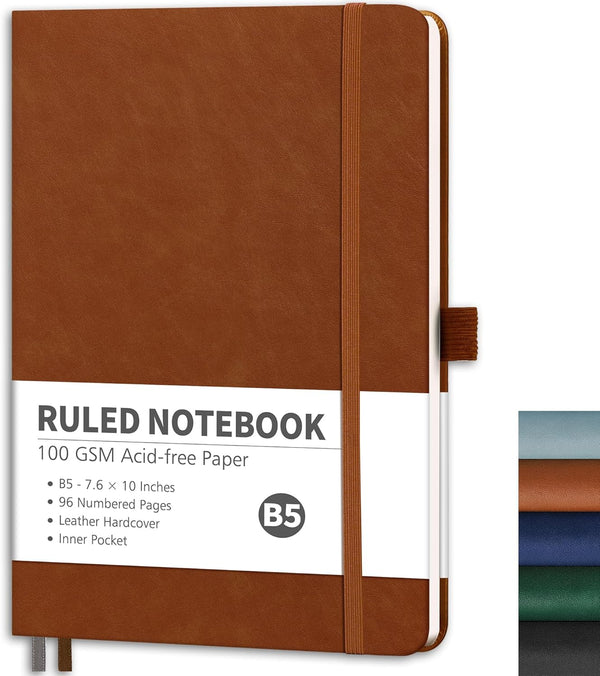 RETTACY Notebook Journal - B5 College Ruled with 96 Numbered Pages, 100 GSM Acid-Free Paper, Leather Hardcover, Inner